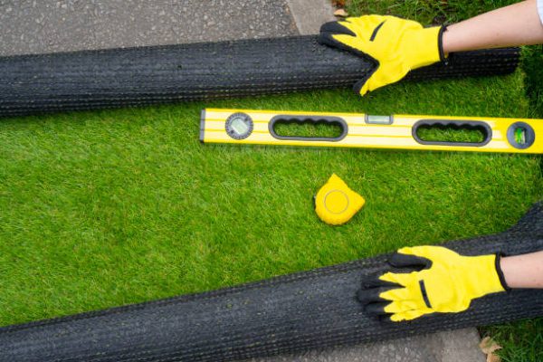 Artificial grass roll and tools in female hands. View above. Artificial grass roll and tools in female hands. View above.